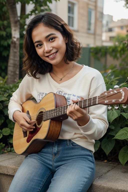 kerala girl, looks like hermoine granger, playing guitar, smiling, wearing yellow long tshirt and shorts, realistic, mobile photography, a long shot, realistic skin texture, raw, realistic acoustic guitar, luxury