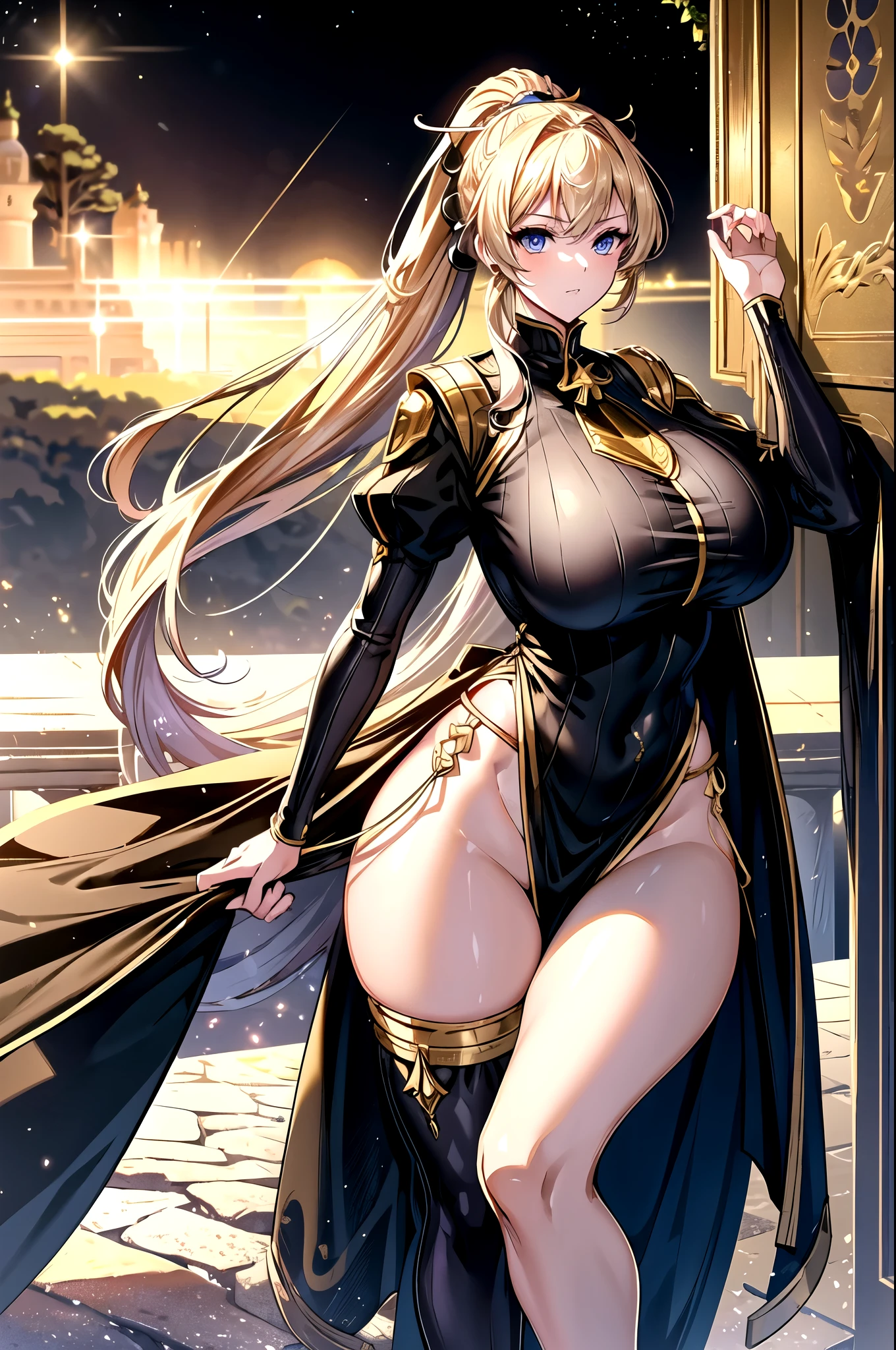 masterpiece)),((Highest quality)),High resolution,Extremely detailed CG,Perfect lighting,8k wallpaper、One Woman, alone,Shiny skin、Very large breasts、very thick legs、Are standing、Composition from the front、smile、I'm looking forward to、Black Hair、Stand up straight,Looking into the camera、Draw a face、Golden Eyes、short hair、Written boundary depth、Shiny black tight skirt、Sleeveless white business shirt、Wrap a belt around your waist、Please show me your armpits、Armpit showing position、Gold Necklace、black tights、See-through clothing、Wear outerwear、