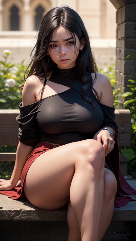 Sexy woman in the park, sitting in a bench.. Long black hair. Busty and big ass. Wearing black skirt and black t shirt. Her hair in pigtail Perfect body. sexy pose. Good anatomy. Photorealistic. Realistic colors. Realistic lights. Masterpiece. Realistic anatomy. distant photo. In front of the camera.