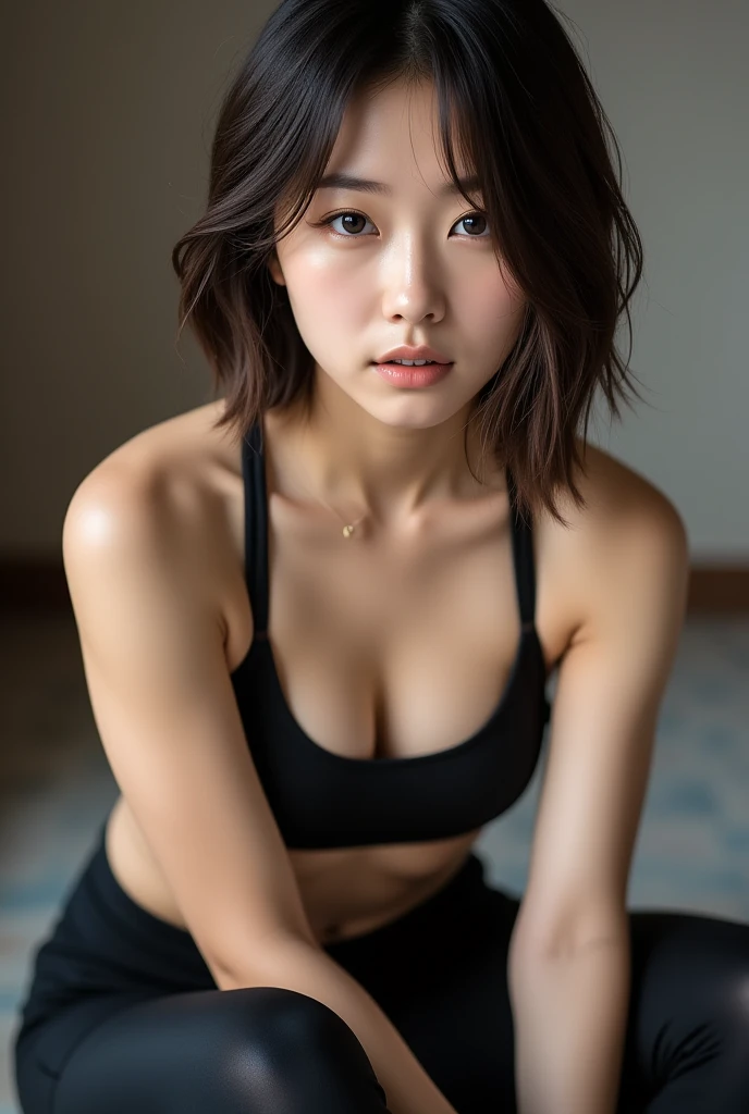
Japanese beautiful woman, hand between legs, sitting pose, wearing black sports bra and black leggings, front view, photo realistic, portrait photography, masterpiece