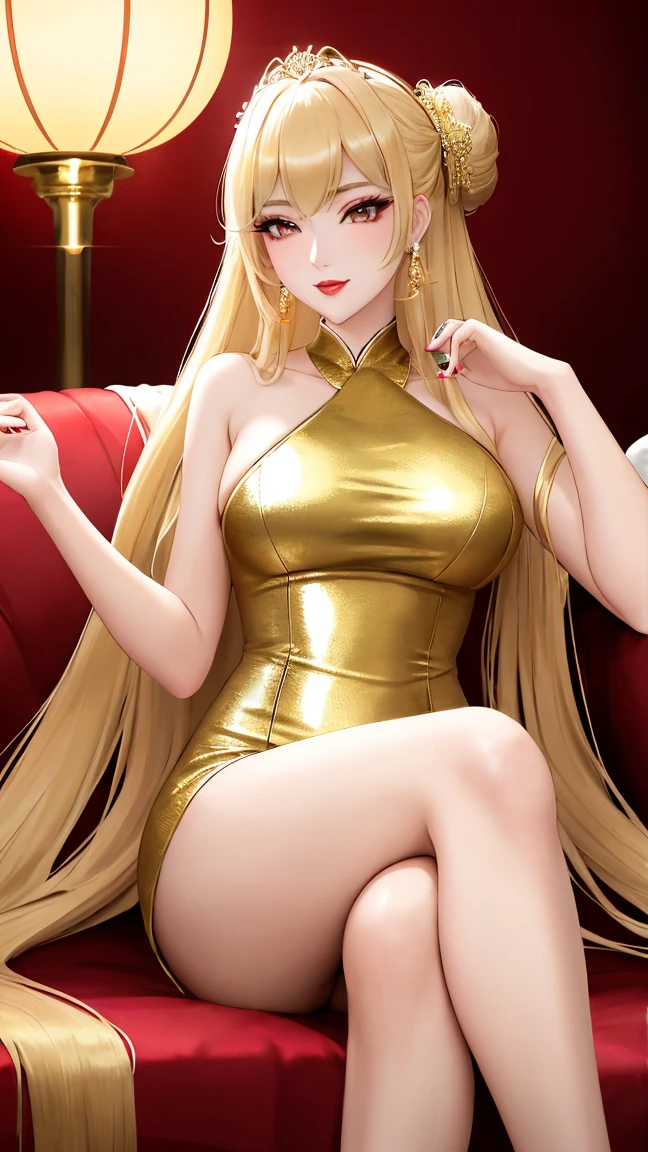 top-quality、Top image quality、masterpiece、girl with((20yr old、Best Bust、big bast、Bust 85,beautiful golden eyes、Breasts wide open,Blonde long hair、A slender、Large valleys、Gold Bikini、Gold Dress,Leaning forward、Reflecting the whole body))hiquality、Beautiful Art、Background with((Luxury Hotels、Golden Chain、Window with night view)))masutepiece、visualart、depth of fields、