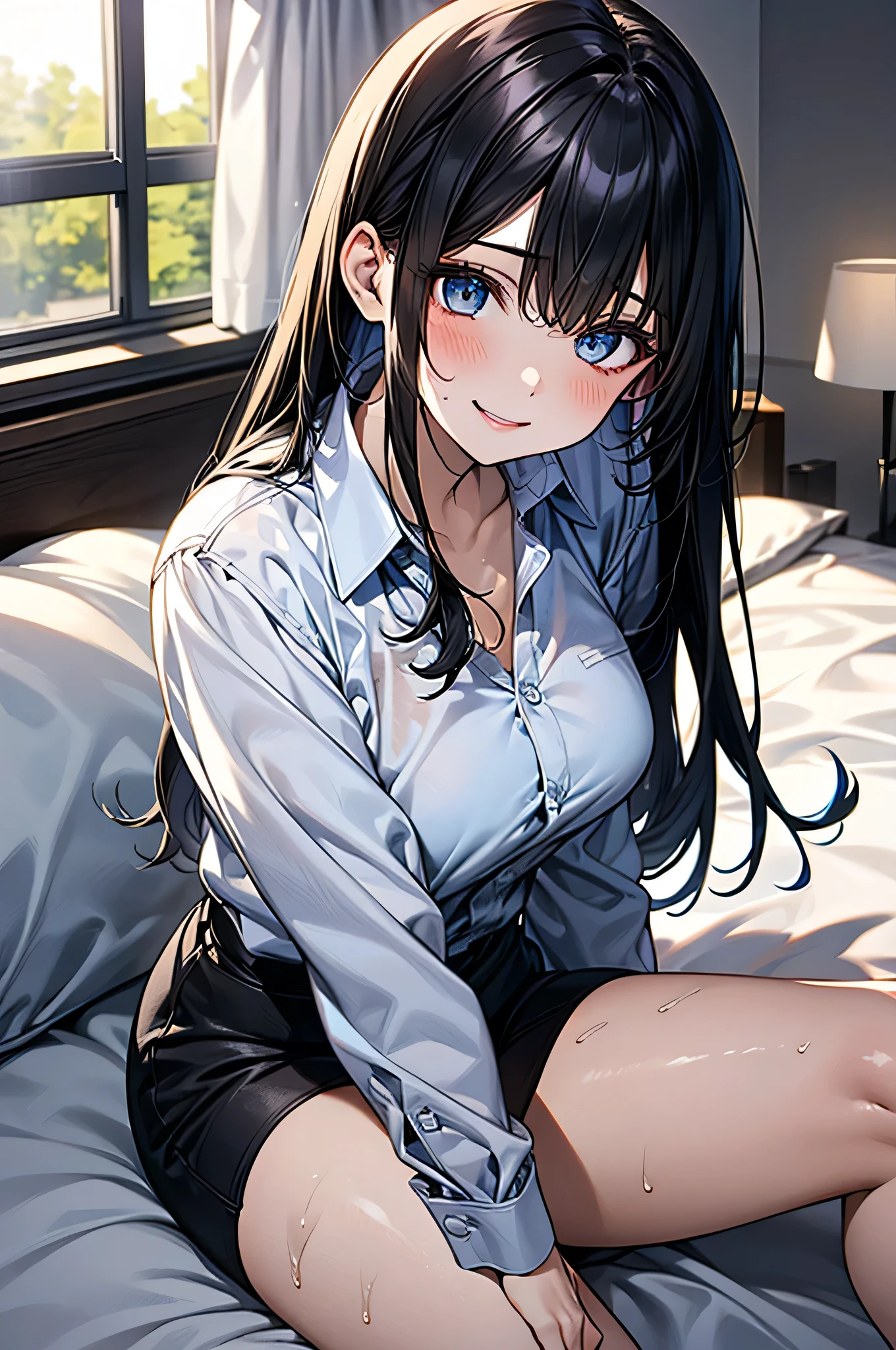 (8k、Best image quality、highest quality、masterpiece)、Detailed face、One girl、Black Hair、twintails、Light blue eyes、evil smile、((Grin))、Small breasts、((White collared shirt))、((white panties))、Cowboy Shot、Pretend、Turning your butt off、Shoot from behind、Bedroom Background