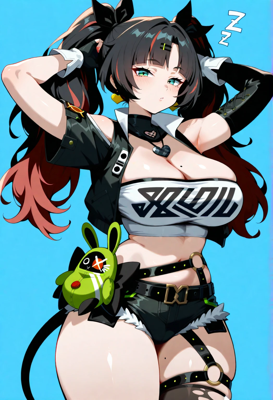 Anime girl with sword and red and green background, an oppai cyberpunk, Biomechanical OPPAI, style of anime4 K, seductive anime girls, Best anime 4k konachan wallpaper, thicc, style of masamune shirow, Inspired by Masamune Shirow, cyberpunk anime girl mech, perfect anime cyborg woman, Badass anime 8 K,Anime - a stylistic image of a woman,Wear a black bandeau,Black skirt and red apron, Katana Zero video game character, Anime Gothic Girl, Vampires, Main character, black and reddish color armor, dressed in crustpunk clothing, Female protagonist,Yellow glowing eyes,Black belt with gold buckle,Black gloves,Black and red scarf,8K,musculature,Hair tied up,Black and red flags,bandagens,Scars on the stomach,A teasing smile,robotic hand,Mermaid line,musculature,Hold on to the wall,Ambiguous eyes,shadowing,High-fork panties,Be red in the face,huge tit,over knee socks,Excitation,hold fists