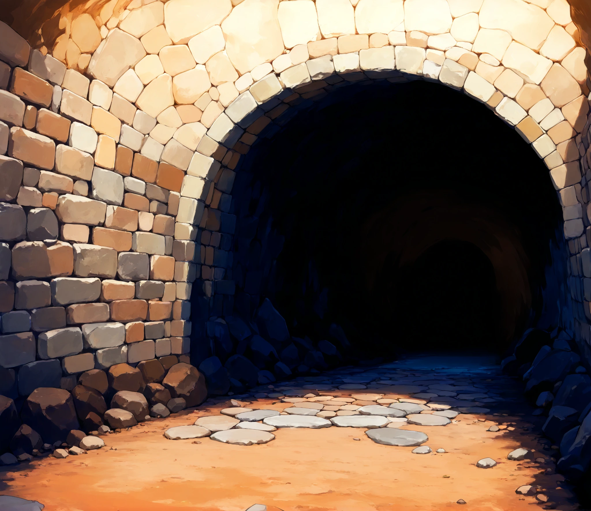 ((masterpiece, amazing quality, close-up, brown hue background)), cave dungeon, rock walls, path, rough stone, wide area with path, old brick tunnel, ((( first person's pov)))