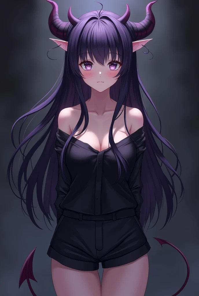 Anime/2D. A demon woman with human body, white pale skin, has an intimidating aura and sharp gaze, she have two long black horns on forehead, short wolf style blackish purple hair, Two small scratches on nose, the right eye is purple and the left eye is dark blue, wearing a long, tight black tank top, with short, waist-length gray jacket.