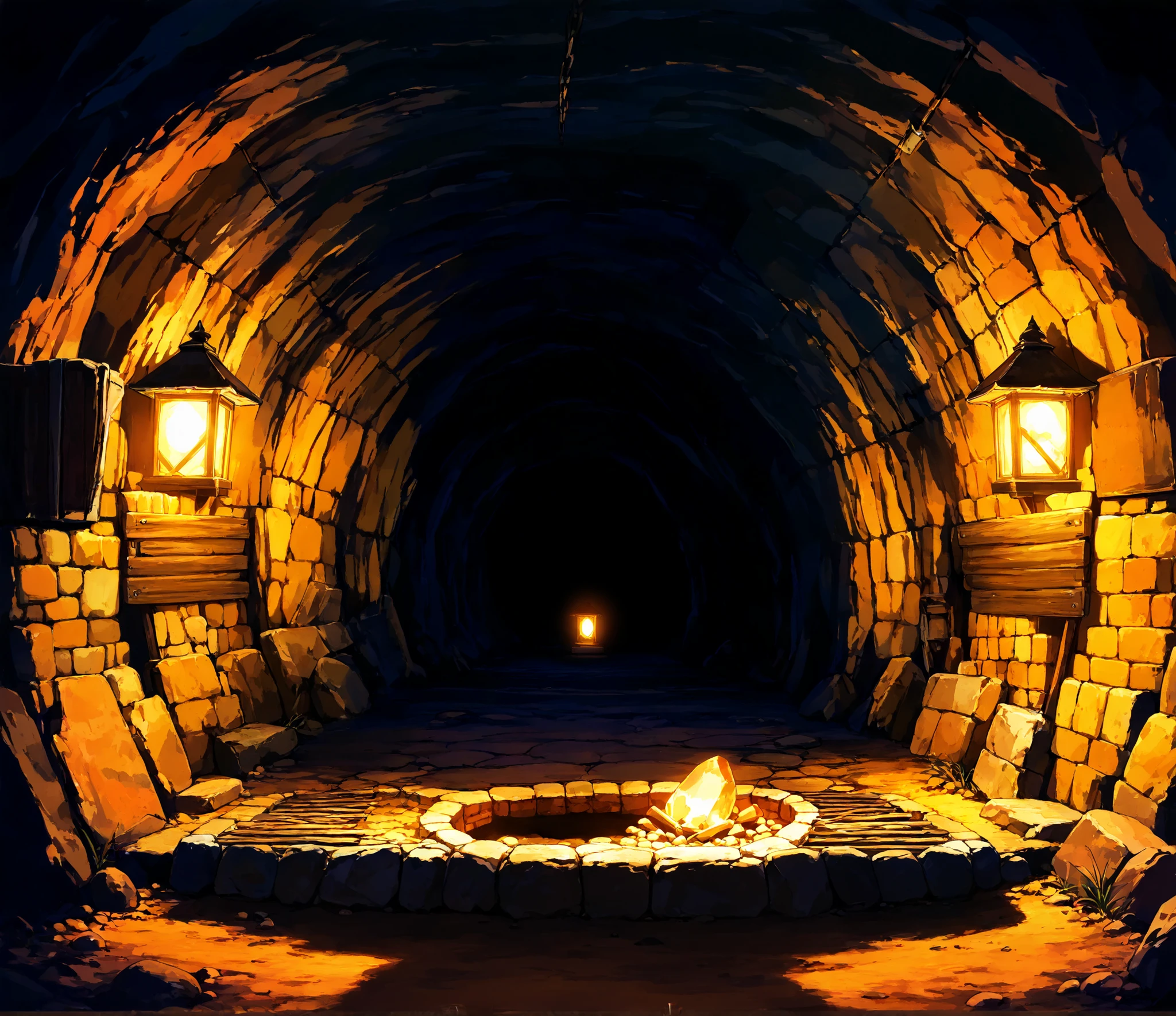 cave dungeon, path, rough stone, wide area with path, old brick tunnel, dim lighting, (((looking straight, first person's pov)))