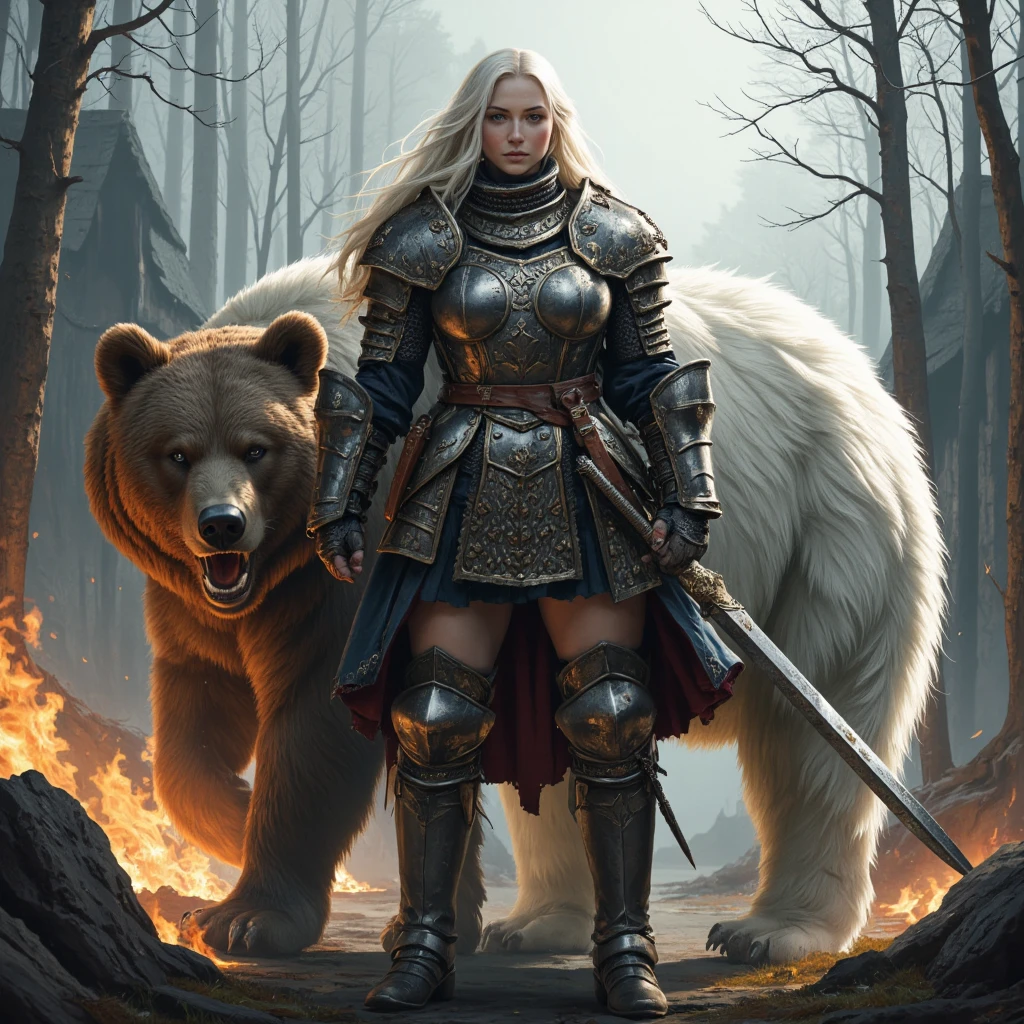 I'm Russian, Barbarian armor, very 근육질이고 잘 훈련된 16세 소녀입니다.,  157 cm tall , strong upward, From Ireland, (obese:0.9), (  light blue eyes  ),    crummy   , (white gray fur), tag,  Honest Poses ,   Her head is tilted down. very 귀여운 작은 그루터기, with strong muscles,    Pale White Skin   , (realistic hair structure   ).  She has a round face . Ein short neck and a short forehead, short round chin , short neck, very , perfect hands with five fingers, Perfect feet, (freckles on the skin   :1.8), (big :1.8), She's in a burning Ukrainian city., She's a  girl who is very muscular and well-trained., from Ireland, she rides a roaring Russian brown bear and is next to her mother Russia with a big sword.,  She's in a burning Ukrainian city ,   Soft lighting on the entire face   ,    Wide hips and thighs   ,  She looks down at the camera, I'm standing with the brown bear .