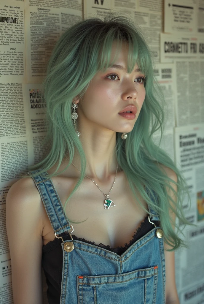 Portrait of a young Asian woman with long, mint green hair, wearing ...