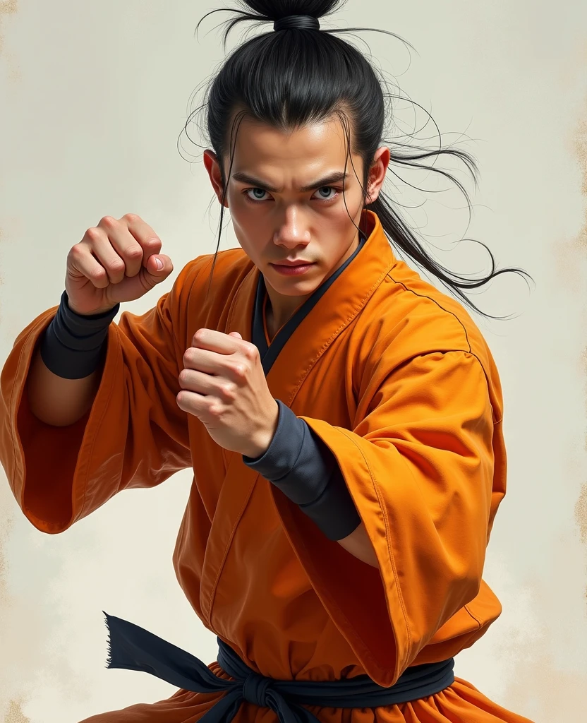 18-year-old German young man.by Rapado,blue eyes ,white skin,very handsome,in combat position,Shaolin clothes color orange