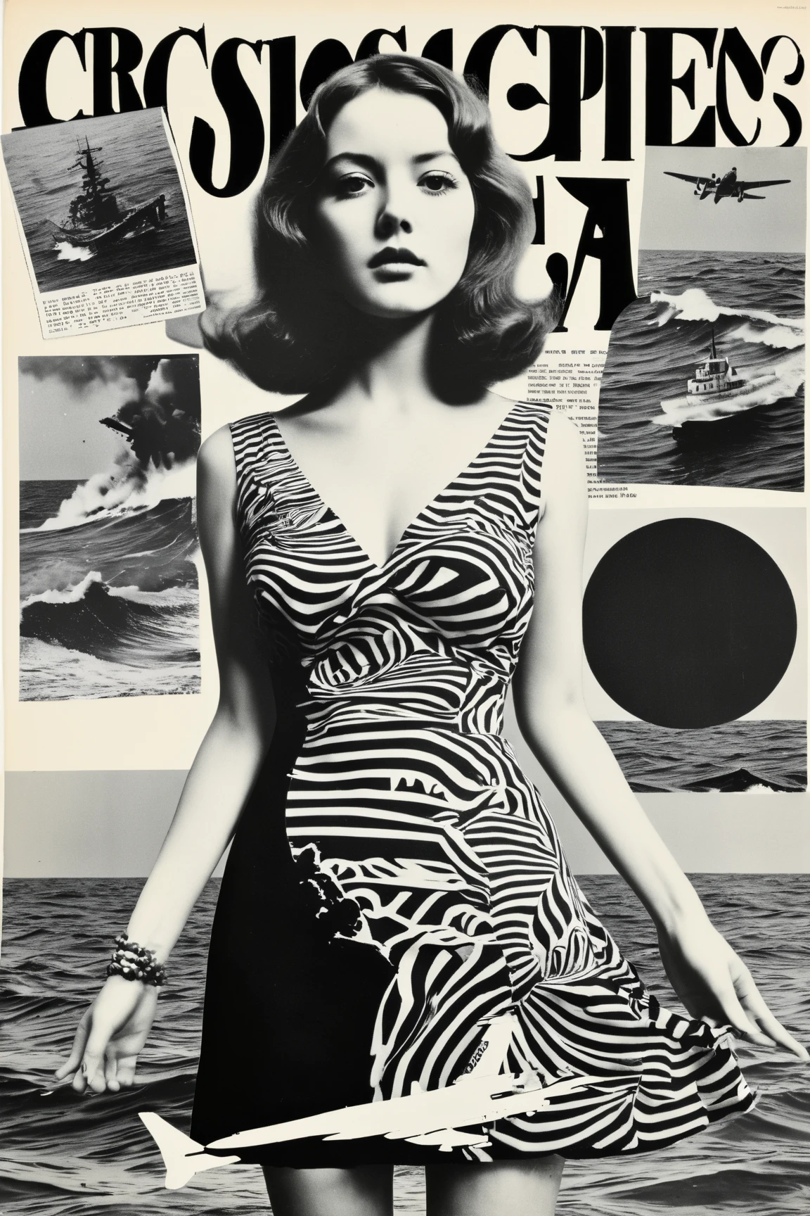 The back view of a beautiful girl in a swimsuit waving a victory gesture at a black UFO in the distance,Raise your hand excitedly,Blurry monochrome polaroid photo