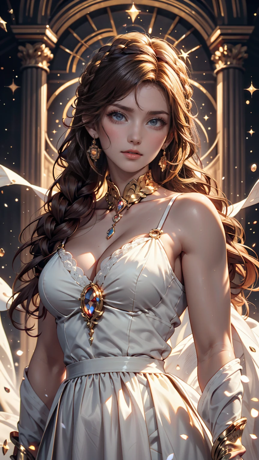  Great Masterpiece , upper body, (adults: 1.6) Hungarian Women, (Kyahaha!: 0.4),  arms behind the head , Golden braids, Sparkling Eyes,  victorian sundress, floating particles of light,  centered , Adding facial details