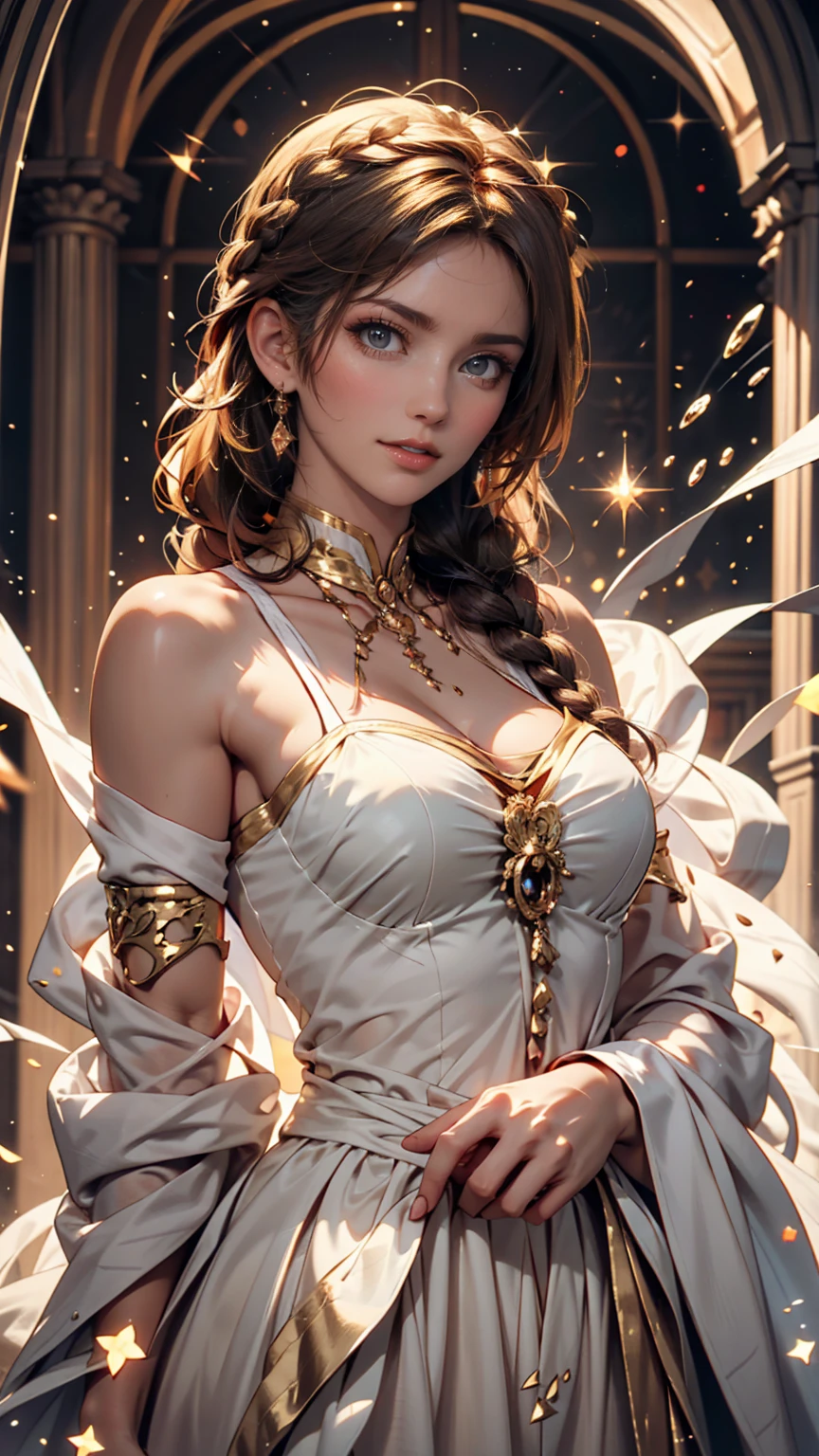  Great Masterpiece , upper body, (adults: 1.6) Hungarian Women, (Kyahaha!: 0.4),  arms behind the head , Golden braids, Sparkling Eyes,  victorian sundress, floating particles of light,  centered , Adding facial details