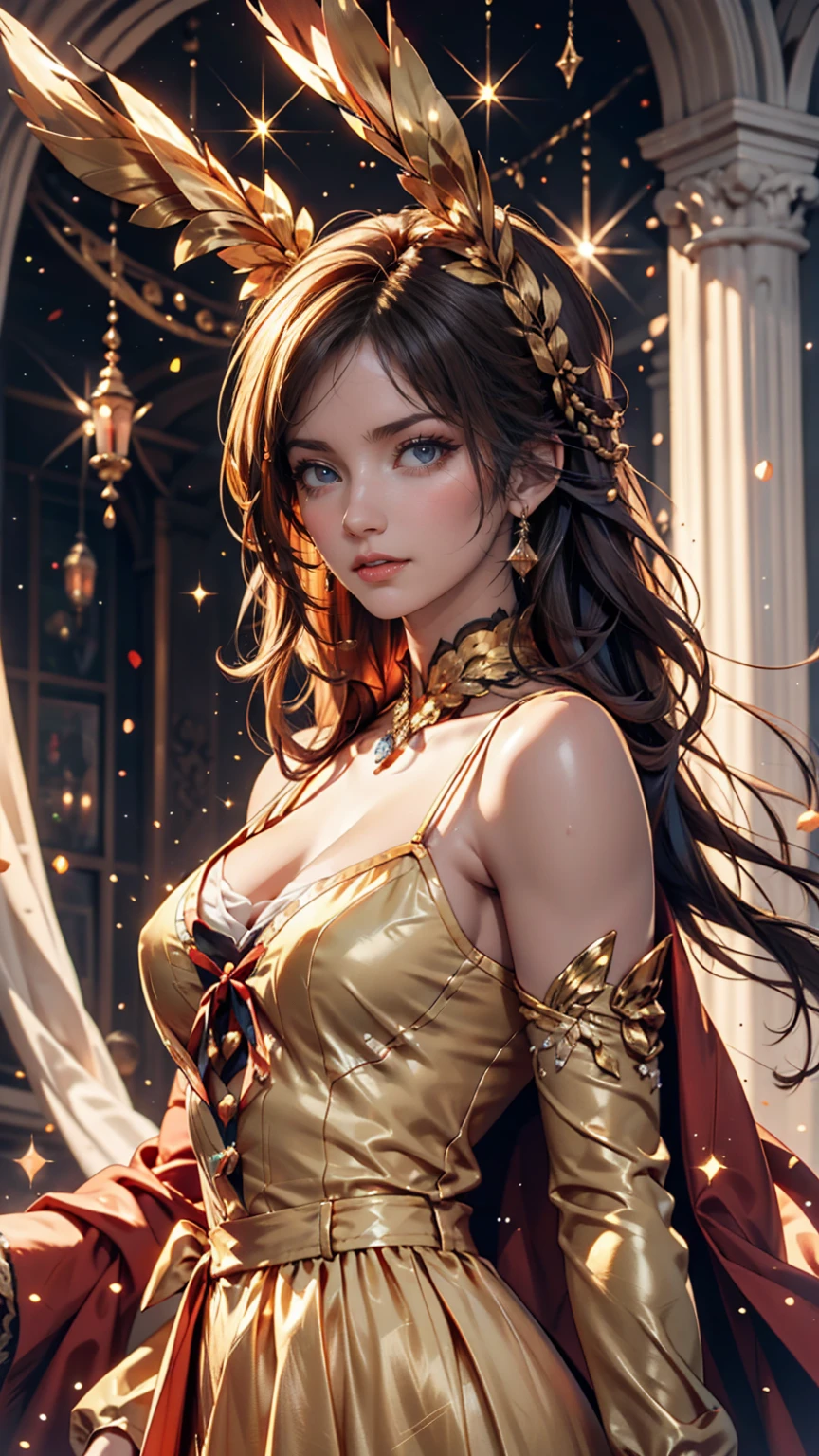  Great Masterpiece , upper body, (adults: 1.6) Hungarian Women, (Kyahaha!: 0.4),  arms behind the head , Golden braids, Sparkling Eyes,  victorian sundress, floating particles of light,  centered , Adding facial details
