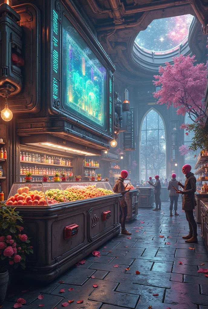 Future mystery fantastic fruit juice shop in universe, galaxy fruit shop, scientific fruit juice shop, there is a allien battle war among the galaxy, super hitech fruit juice machine