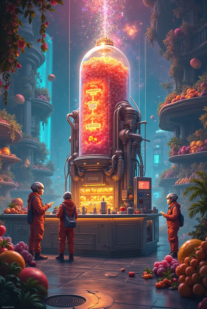 Future mystery fantastic fruit juice shop in universe, galaxy fruit shop, scientific fruit juice shop, there is a allien battle war among the galaxy, super hitech fruit juice machine