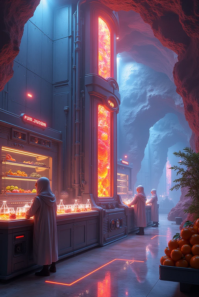 Future mystery fantastic fruit juice shop in universe, galaxy fruit shop, scientific fruit juice shop, there is a allien battle war among the galaxy, super hitech fruit juice machine