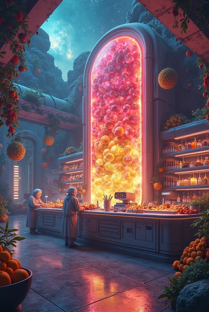 Future mystery fantastic fruit juice shop in universe, galaxy fruit shop, scientific fruit juice shop, there is a allien battle war among the galaxy, super hitech fruit juice machine
