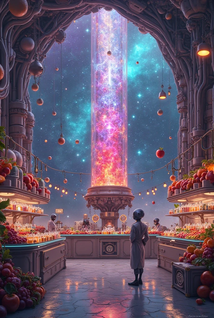 Future mystery fantastic fruit juice shop in universe, galaxy fruit shop, scientific fruit juice shop, there is a allien battle war among the galaxy, super hitech fruit juice machine