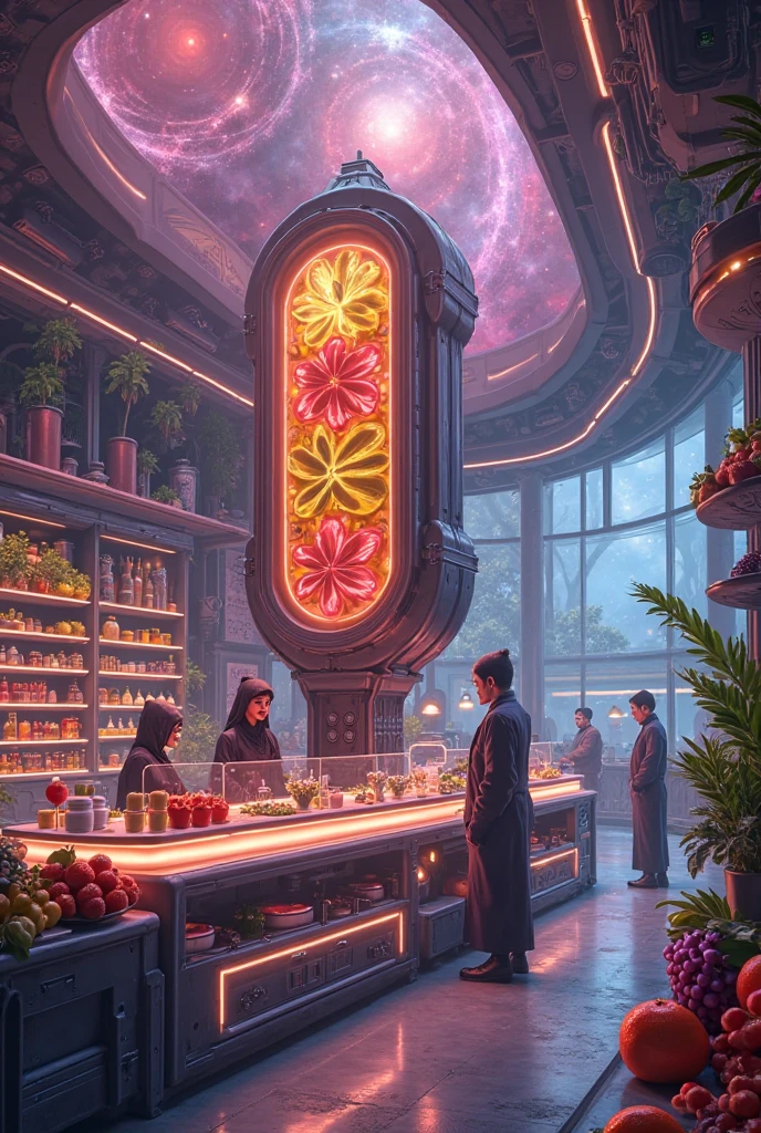 Future mystery fantastic fruit juice shop in universe, galaxy fruit shop, scientific fruit juice shop, there is a allien battle war among the galaxy, super hitech fruit juice machine