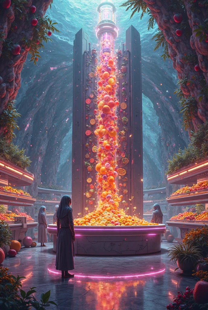 Future mystery fantastic fruit juice shop in universe, galaxy fruit shop, scientific fruit juice shop, there is a allien battle war among the galaxy, super hitech fruit juice machine