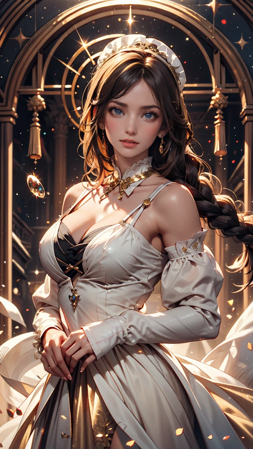 goddess、Long Wavy Hair、Expressions that seem to dance in the wind、A gentle and compassionate smile、Long white dress、Gold Accessories、crown、Classical mythology、Realistic depiction、Inside the magnificent temple、Light pours in through the large windows overlooking the blue sky.、An elegant and dignified appearance、One hand stretched out in front of him, as if he was manipulating the light.、soft and warm colors、Gold and white color scheme、Beautiful flowers blooming at your feet々、Emitting a mystical aura、 Small mythical creatures in the background