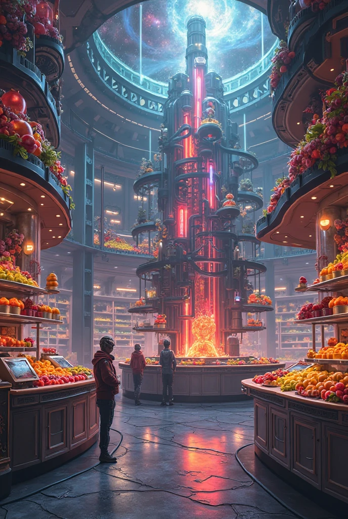 Future mystery fantastic fruit juice shop in universe, galaxy fruit shop, scientific fruit juice shop, there is a allien battle war among the galaxy, super hitech fruit juice machine