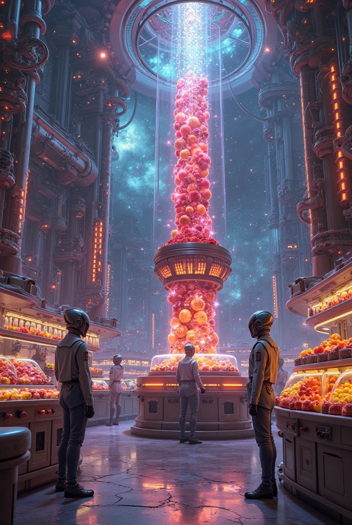 Future mystery fantastic fruit juice shop in universe, galaxy fruit shop, scientific fruit juice shop, there is a allien battle war among the galaxy, super hitech fruit juice machine