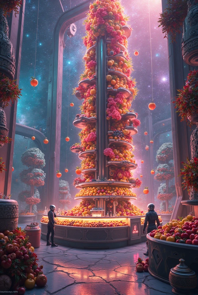 Future mystery fantastic fruit juice shop in universe, galaxy fruit shop, scientific fruit juice shop, there is a allien battle war among the galaxy, super hitech fruit juice machine