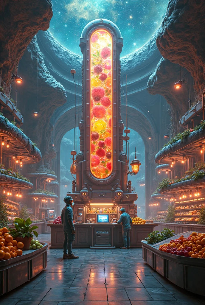 Future mystery fantastic fruit juice shop in universe, galaxy fruit shop, scientific fruit juice shop, there is a allien battle war among the galaxy, super hitech fruit juice machine