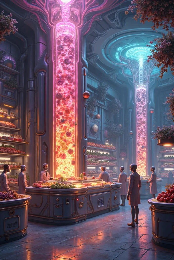 Future mystery fantastic fruit juice shop in universe, galaxy fruit shop, scientific fruit juice shop, there is a allien battle war among the galaxy, super hitech fruit juice machine