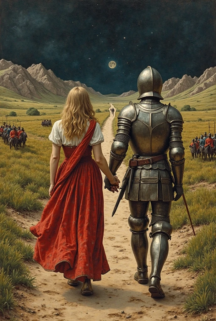 A medieval painting of a knight and lady walking hand in hand away from a battlefield, heading towards a dark horizon. The painting is formal in composition, with stylized figures and a flat, detailed landscape. The use of vivid, contrasting colors and the heavy outlines emphasize a sense of journey and fate