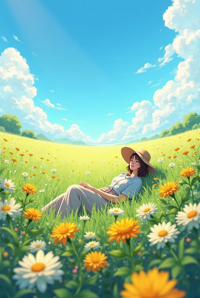 A green meadow with chrysanthemum flowers and the sun is shining and I am wearing a hat and lying in . I want it to be a real picture rather than an anime