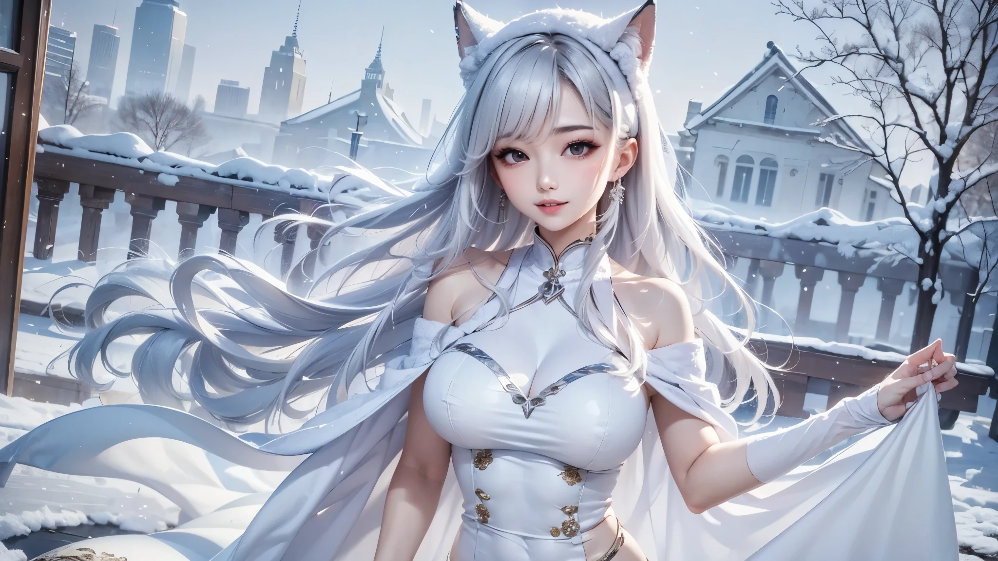 snowing mountain、white wolf、 ((highest quality、masterpiece、8k、best image quality、ultra high resolution、Award-winning work)、(accurate anatomy:1.1)、(look at me and smile:1.1)、Shining fair skin with ultra high resolution、most detailed face、ultra high resolution detailed face、white short hair flowing 、Beautiful face drawn in every detail、(blurred background:1.1)、 Inuit fur clothing, chest together, real wolf beside the girl 