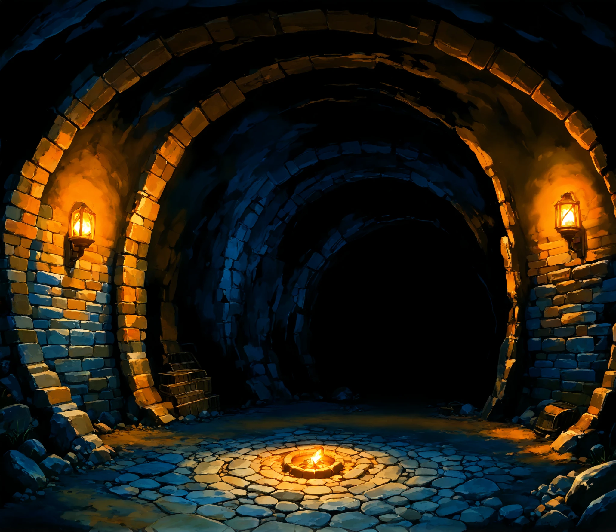 cave dungeon, path, rough stone, wide area with path, old brick tunnel, dark, (((looking straight, first person's pov)))