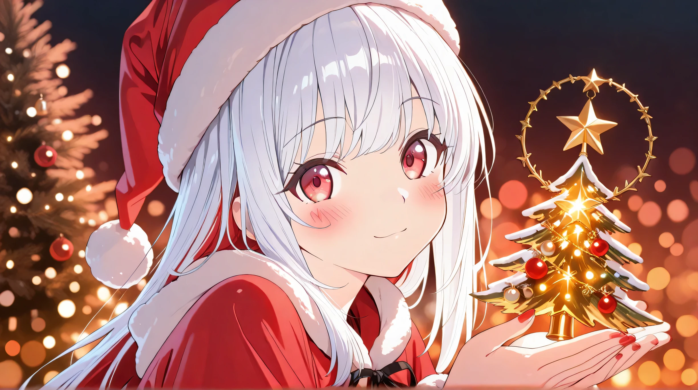 Masterpiece, Best Quality, Top Quality, Very Detailed, 1 girl, anime-style digital illustration features a character with flowing silver-white hair wearing a Christmas-themed outfit with a red Santa hat. The character has bright red eyes, rosy cheeks, and a gentle expression as they look over their shoulder. They're dressed in a festive red outfit with black trim details. The background creates a magical holiday atmosphere with numerous bokeh lights in warm gold and red tones, Christmas trees with star decorations, and a sparkling ambience that suggests a celebration or Christmas party setting. The overall color palette of red, gold, white, and black perfectly captures the festive Christmas spirit, while the soft lighting effects create a dreamy, enchanting mood around the character.