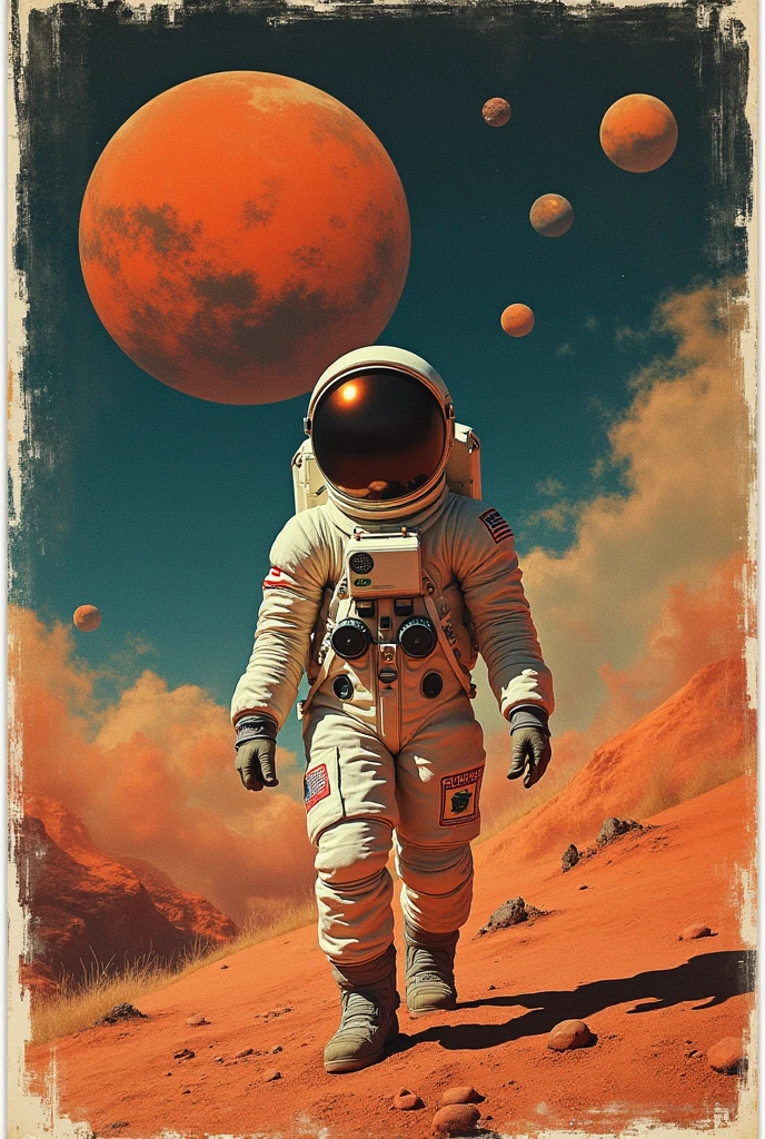 Collage art、 retro collage、 space magazine clippings、 VINTAGE MATERIAL, Сюрреалистический retro collage, made up of vintage magazine clippings about Mars, chaotic and rebellious composition, torn paper texture, bold pop art, absurd comparisons, nostalgic aesthetics. Hidden inside the bright scene is a female astronaut — finely integrated, fragmented and partially hidden, stillness in the midst of chaos. tunic , Inconspicuous , but appears on closer examination. evokes a sense of mystery and contrast, wearing stalgia with quiet defiance. Advertising the flight of Mars.