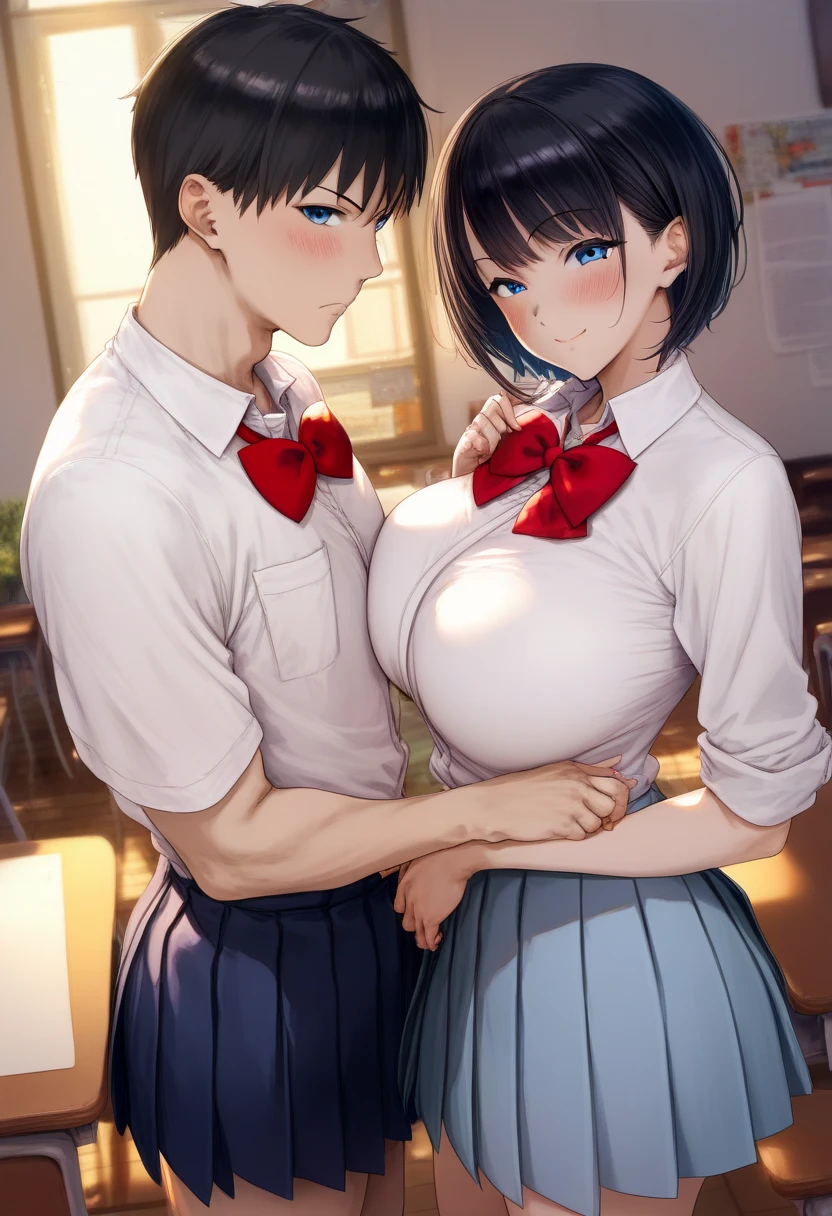 masterpiece, best quality, high resolution, ultra detailed, perfect anatomy, detailed face, detailed eyes, duo, ((1 girl and 1 boy)), couple, light copper medium bob hair girl, black hair boy, blue eyes, nsfw, blue school uniform, hetero, (a boy,grabbing from behind:1.5), bare breast, nipple peek, gigantic breasts
