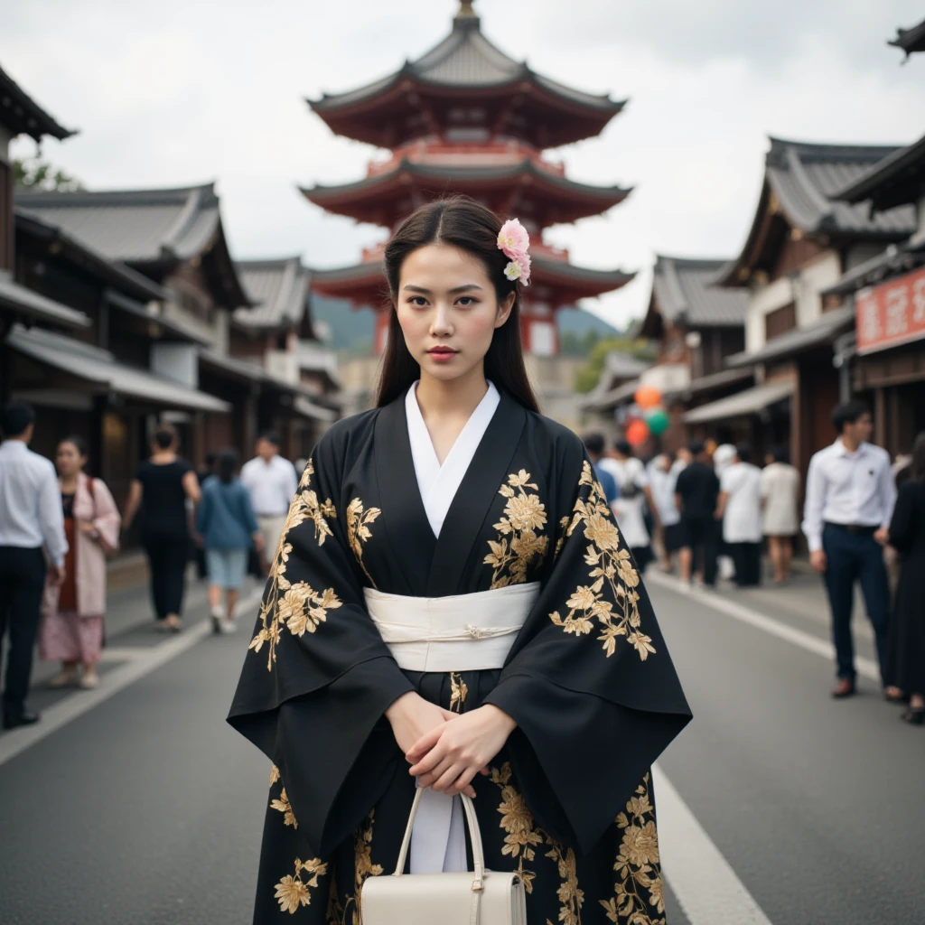 A young woman standing in the middle of a busy street in front of a traditional japanese temple. she is wearing a black kimono with gold floral patterns, a white obi, and a white handbag. her hair is styled in a long hair with a flower, and she is looking directly at the camera with a neutral expression. the background features a red-tiled pagoda and a crowd of people walking in the distance. the image has a soft, dreamy quality, with a focus on the woman's outfit and the traditional architecture of the temple.