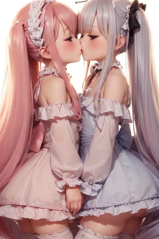 masterpiece, best quality, nsfw,
2girl, kiss,
maid clothes, white panties, white garter belt, pink hair, embarrassed face,
bedroom, night,