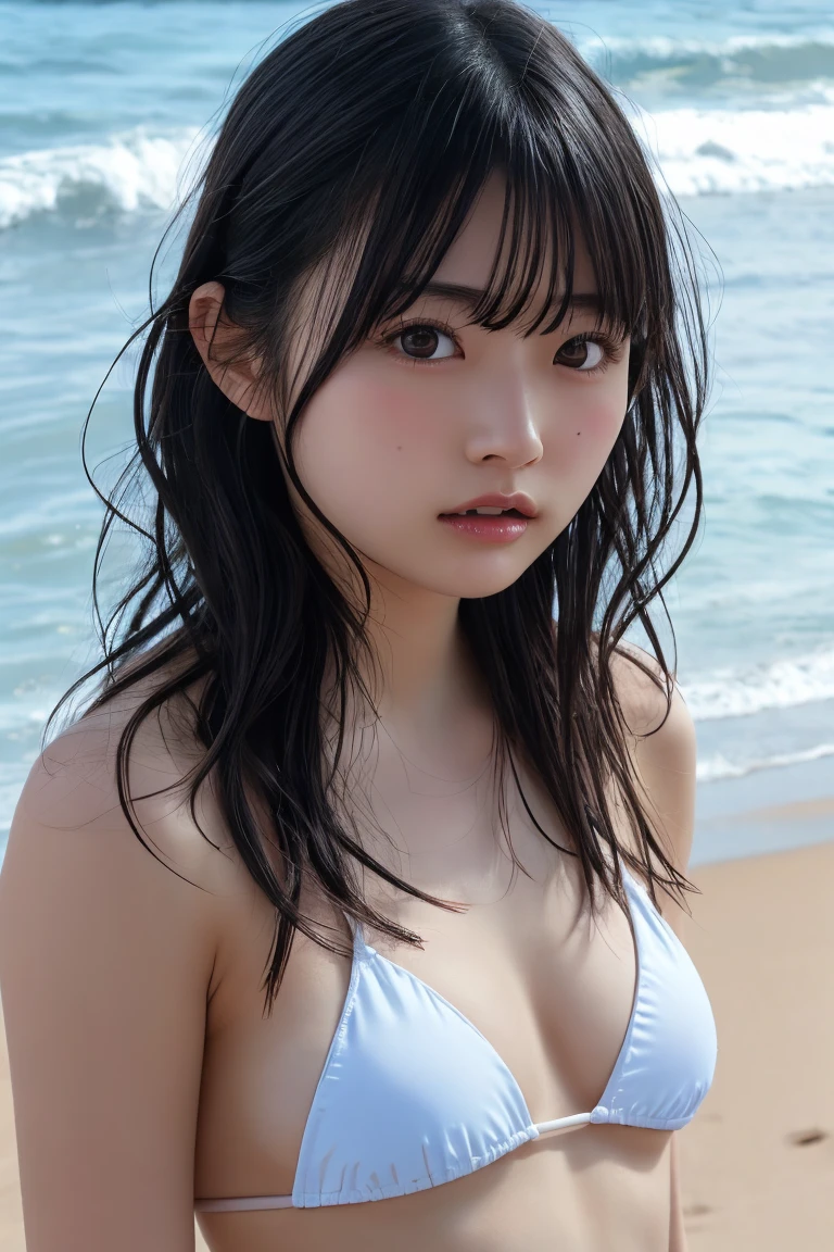 (Highest quality, masterpiece, Ultra-high resolution, (Realistic:1.7), RAW Photos, Written boundary depth, Professional Lighting, Perfect Anatomy, Very detailed), one person, s old, The most famous Japanese idols, ((Have fun at the beach)), Wearing a cute bikini, (Her face was wet with seawater and very cute., ((Very cute and very big realistic eyes), Her hair is so pretty when it's wet'wet with seawater., Very beautiful wet skin in seawater, Very beautiful wet body in sea water), Very cute long eyelashes, Very cute lips, Dynamic pose, Detailed ocean, Detailed splash information