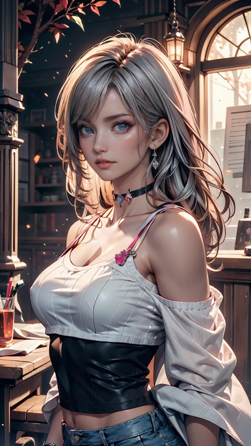 1girl, tmasterpiece，best qualtiy，highly detailed，cinmatic lighting，Ray traching，available light，cinematic compositions，CG，GameCG，bluntbangs，extremely detailed eyes and face，s the perfect face，shiny skins，largeeyes，looking at viewert，big breasts beautiful，Very long hair，UHD，8k，light grey hair，（GameCG），Pink eyeshadow，crewneck，crewneck，Big breasts corset，mediuml breasts，slimification，Oval shaped face，鎖骨， Star necklace， pink flowers that， skintight jeans，1girll，mediuml breasts， long whitr hair， By bangs， hair straight， vests， exteriors， watered eyes， butterfly hair ornaments， Star necklace， back to look back
