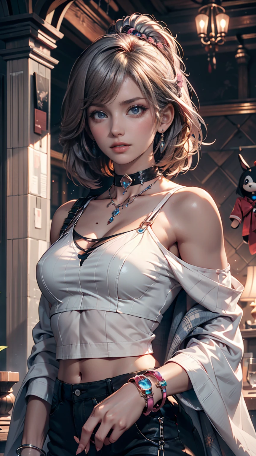 ((Ultra Detailed )),(Ultra Details), Highly Detailed CG Unity 8K Wallpaper,top quality, masterpiece, Emily_t8, off shoulder,  pink crop top,choker、silver accessories on the wrist
