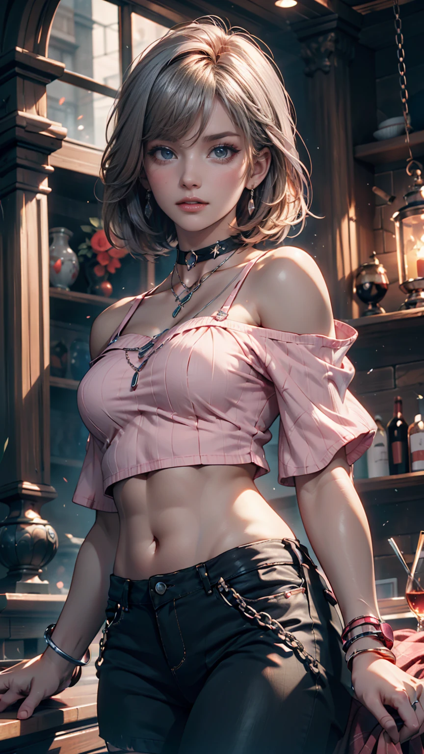 One girl,Slope, Slope_background, green_background, Looking_in_Audience, pink_hair, Solo by JM、Sexy proportions、Narrow waist、Slender figure、smile、茶色のhairにオレンジのインナーカラー、Lace decoration