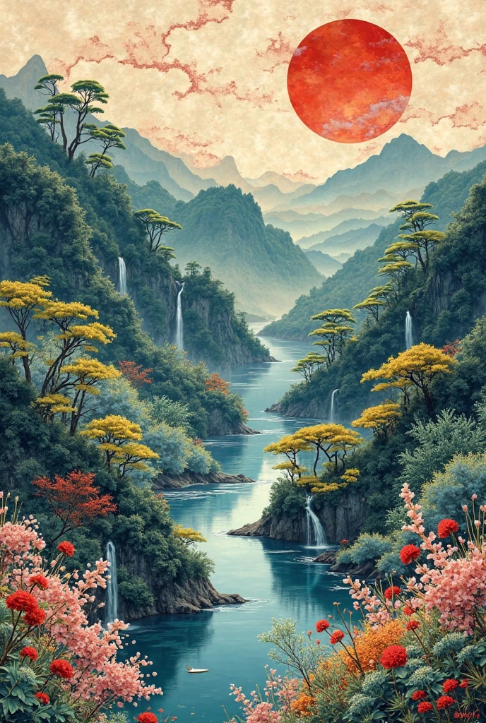 A purely landscape (with no humans) collage based on the traditional Sanju-rokunin Kashu (三十六人撰) using Chigiri-e (ちぎり絵) and paper marbling to depict beautiful collage of different elements of traditional Japanese scenic art; flowing elements, gorgeous depictions, elemental and dynamic scenery and landscape