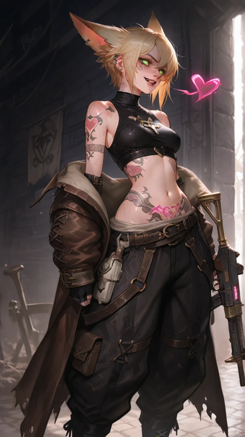 Mulher, 30 anos, estilo MadMax, tom de pele caramelo, fine features on the face, amber eyes, sardas no rosto, long lilac hair with fiery highlights, corpo esguio, tatuagens brilhantes na pele. Veste armadura de couro leve, has a bracer on the forearm with a blade. Around his neck is a red silk scarf..