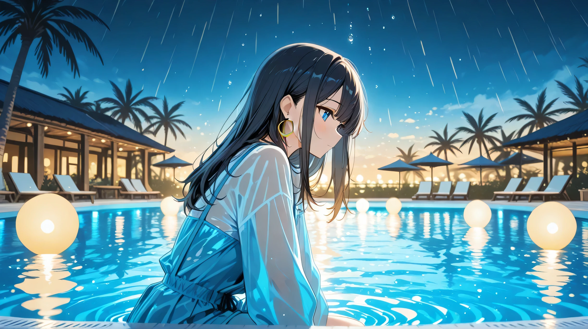 Masterpiece, Best Quality, Top Quality, Very Detailed, 1 girl, anime-style digital artwork depicts a character with long dark hair in what appears to be a swimming pool or resort setting at night. The scene is bathed in striking blue illumination from the pool's lighting, creating a serene, atmospheric mood. The character is shown at the edge of the pool wearing what looks like a light-colored swimsuit or dress and has gold hoop earrings. The background features blurred lights from what might be a resort or buildings in the distance, and there are palm fronds visible at the edge of the frame, suggesting a tropical location. Rain or water droplets appear to be falling, adding to the dreamy ambiance. The overall color palette is dominated by deep blues and teals with contrasting warm golden lights in the background, creating a beautiful nighttime scene with reflections dancing across the illuminated water surface.