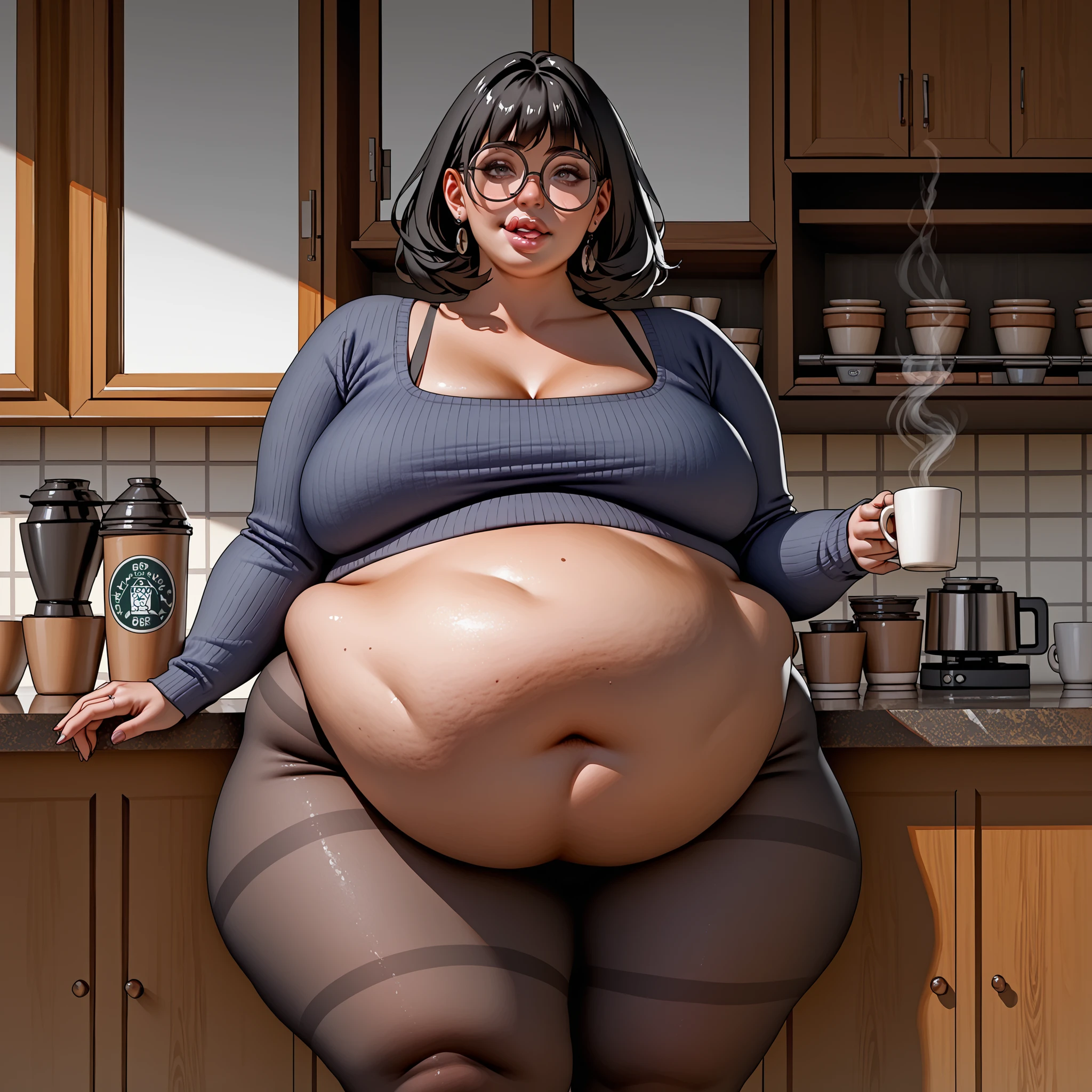 score_9, score_8_up, score_7_up, woman a round belly, before Vore, chubby belly: black bbw female with glasses, hair is in twist, black hair, thick lips, licking her lips at a coffee bar looking at viewer. Black tights. ((Ebony female)) ((light skin))