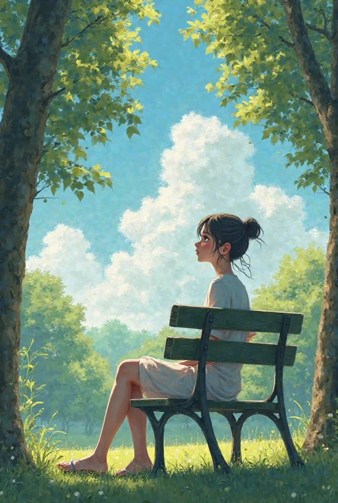A girl 
sitting in the park, looking up at the sky with a thoughtful expression.