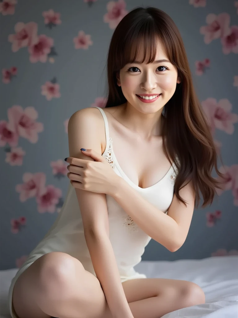 1girl, somin, somin\(runningman\), slim body, petite, Wide open chest, exposed chest, sitting, dress, cowboy shot , exposed thighs, showing white panties, breast line, smiling, wearing sleeping gown, looking at viewer, look directly at me, indoors, masterpiece, high quality, high resolution, realistic, photorealistic,