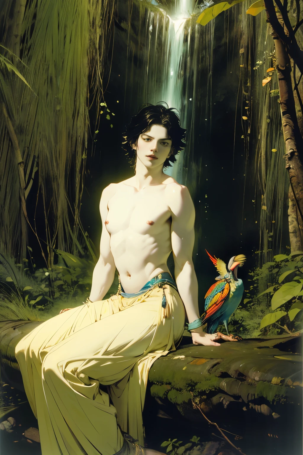 an androgynous male bare chested glowing body and black hair is sitting resting elegantly in a small ravine in a rainforest, there are exotic flowers around him, exotic birds and small beasts, golden hour, staring at the viewer with mysterious eyes, yoshitaka amano,